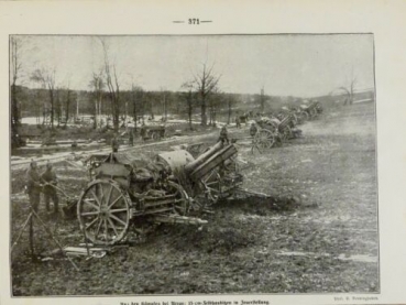 1917 - alter Druck - Aus den Kämpfen bei Arras: 15-cm-Feldhaubitzen in Feuerstellung